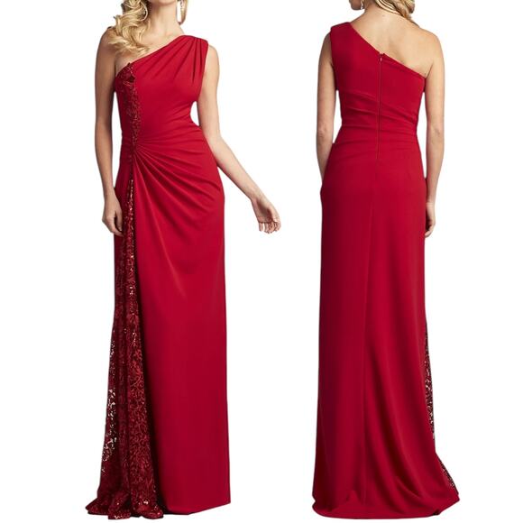 Tadashi Shoji One Shoulder Lace Insert Gown Geranium Red Size 12 - Picture 1 of 15